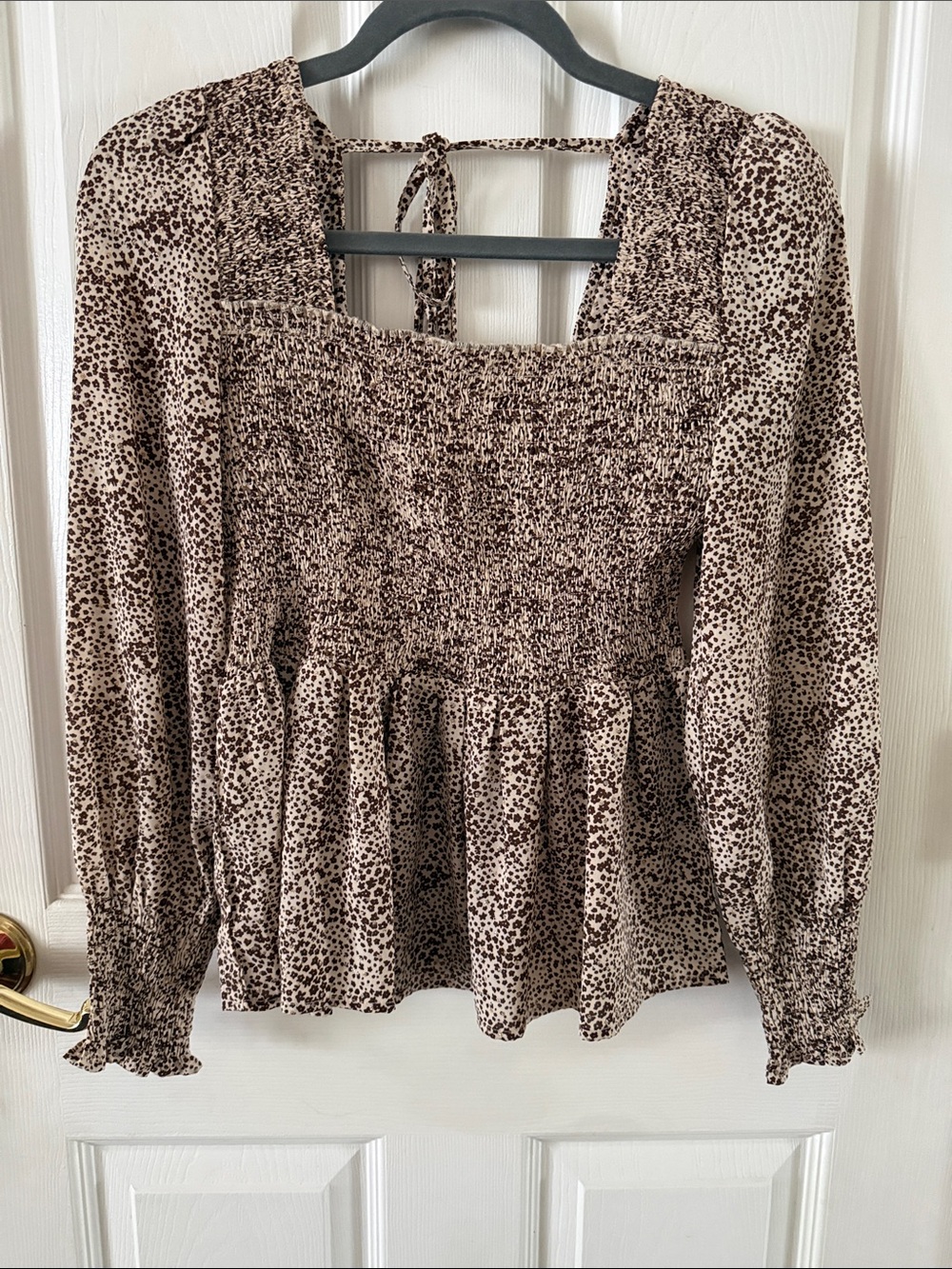 Pink Lily Brown Dotted Smocked Peplum Blouse